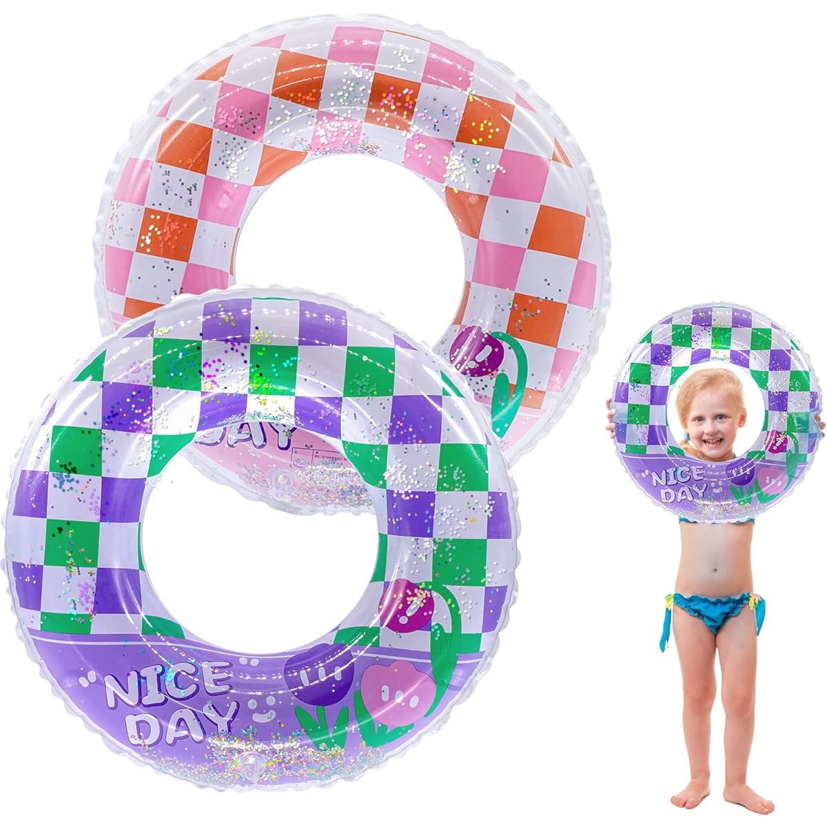Inflatable Pool Floats for Kids, Sparkly Floats for Ages 4-10, Girls, Boys, Pool Tube Toys, Pool Floats Rings Toys, Summer Beach Swimming Pool Floats Party Supplies (2 Pack)