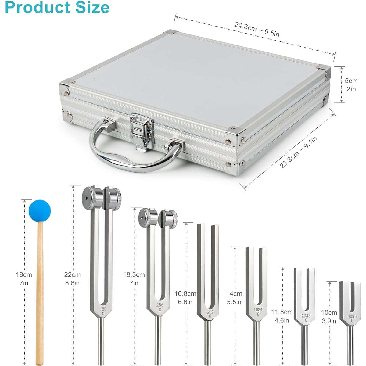 The7boX Tuning Fork Sound Healing Therapy Tool Set of 6 128HZ, 256HZ, 512HZ, 1024HZ, 2048HZ, 4096HZ Aluminum Alloy Tuning Fork Chakra Set for Sound Therapy Weighted Tuning Fork Perfect for Meditation