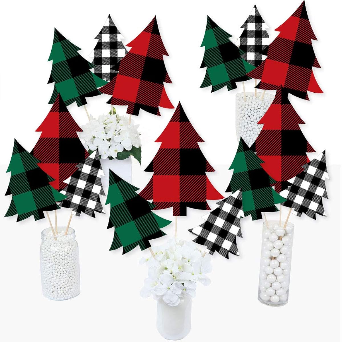 Big Dot of Happiness Holiday Plaid Tree - Buffalo Plaid Christmas Party Centerpiece Sticks - Table Toppers - Set of 15