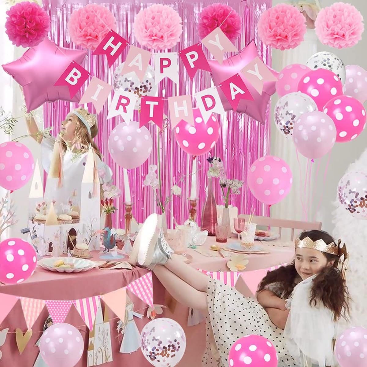 Pink Birthday Party Decorations, Light Pink and White Decorations with Happy Birthday Banner, Tissue Pom Pom Flowers, Pink Foil Fringe Curtains, Happy Birthday Party Supplies for Girls, Women, Kids