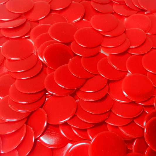 3/4 inch Counting Bingo Chips 250 pieces in a bag of 12 clear and 6 solid colors by Mr. Chips, Inc. Red