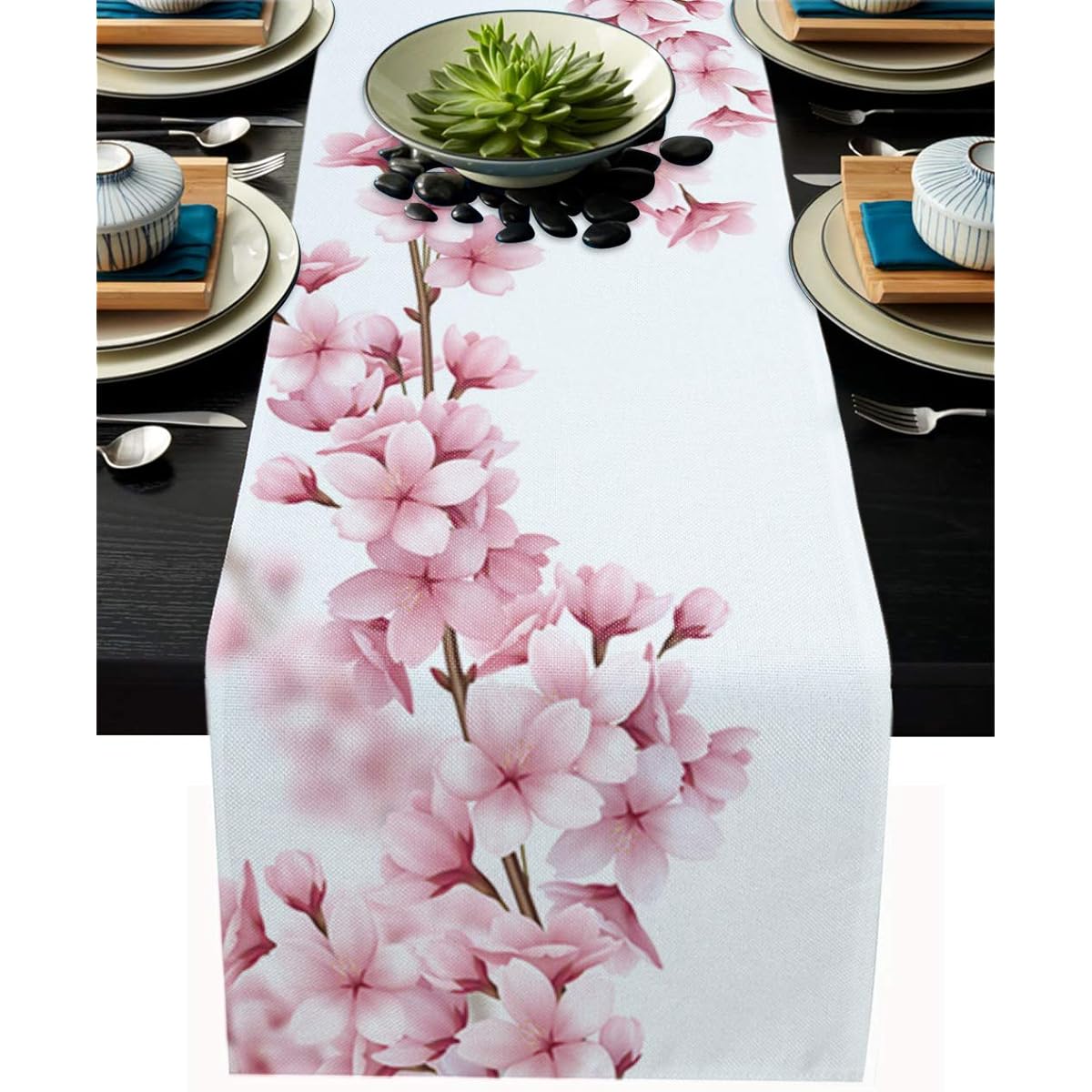 PIEPLE Cotton Linen Table Runner Baby Shower Spring Cherry Blossom Rectangle Table Top Dresser Scarf for Wedding/Picnic/Banquet 16" x 72" Pink Flowers White Background