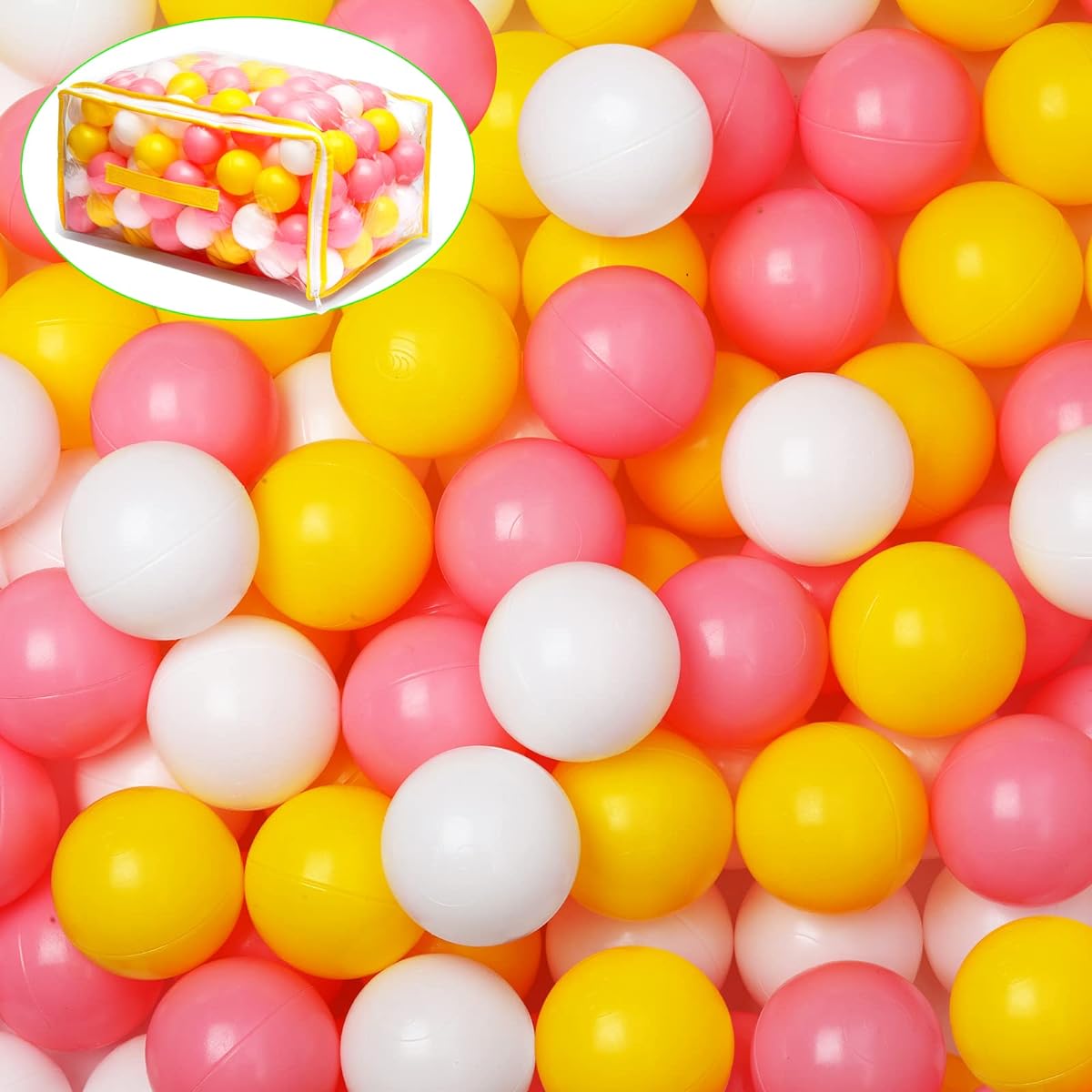 Hovenlay Ball Pit Balls 100 Pcs Phthalate Free BPA Free Crash Proof Plastic - Bright Colors Reusable Toys for Kids with Storage Bag (Pink, White, Yellow)