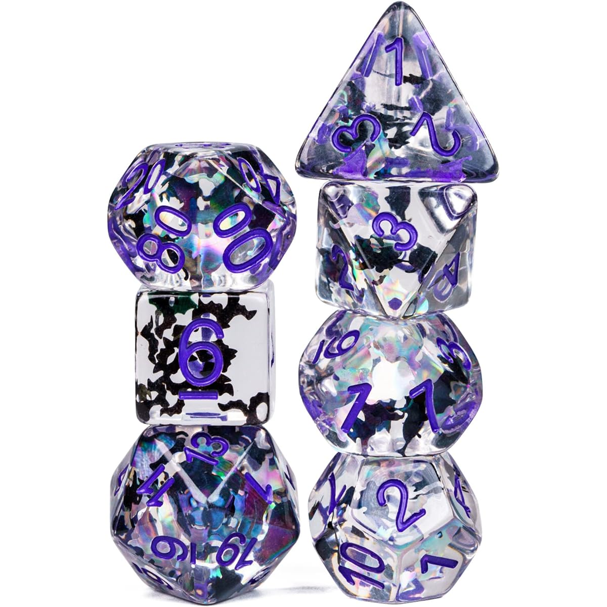 Cusdie 7 Dice DND Dice Polyhedral Dice Set Clear D&D Dice with Glitter Foil Animals for D&D Dungeons and Dragons RPG Role Playing Table Game (Black and White Cats)