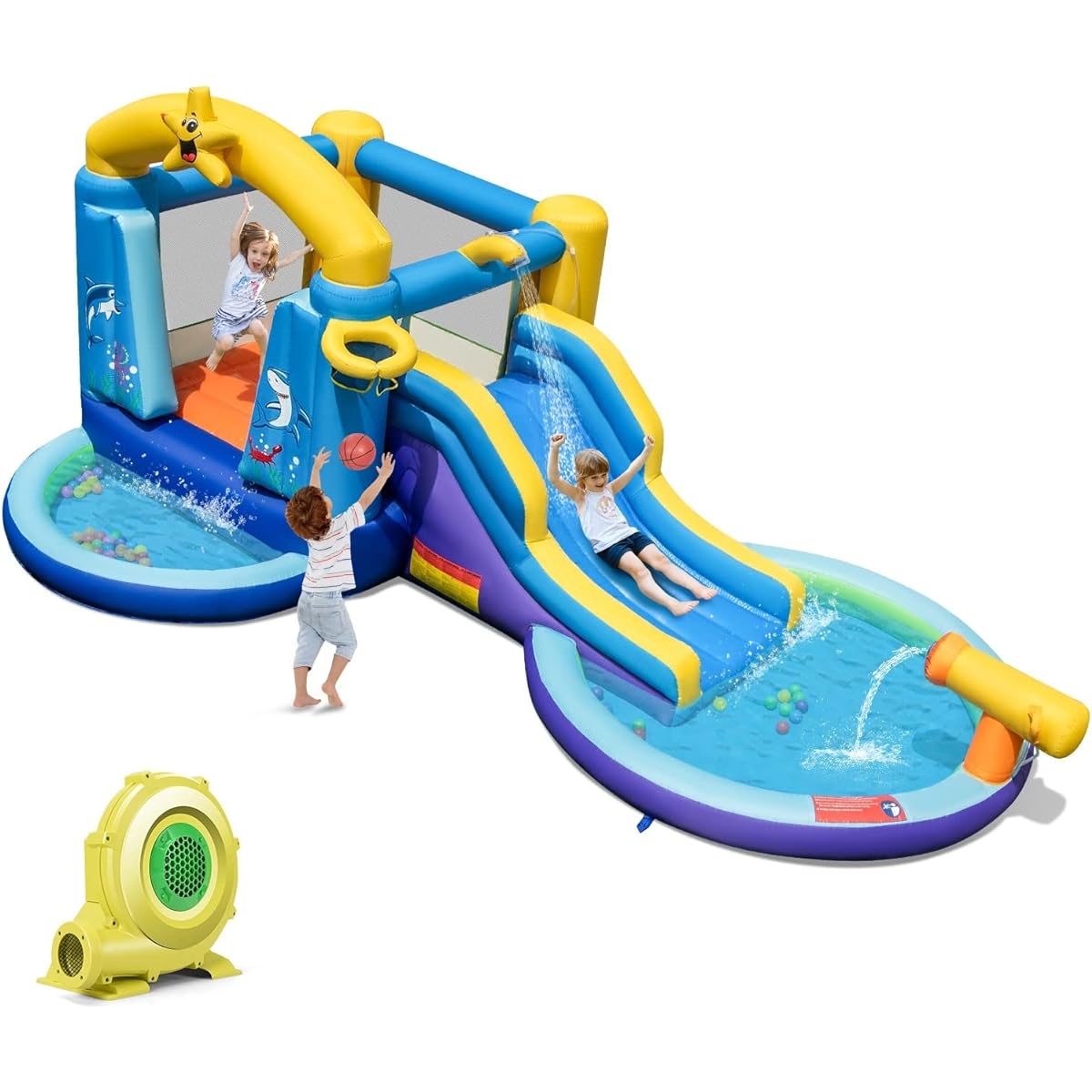 Costzon Inflatable Water Slide Water Bounce House with Water Slide & Ball Pit Wet Dry for Kids Indoor Outdoor Party Family with 735W Blower Toddler Jumping Bouncy Castle Kids Birthday Party Gift