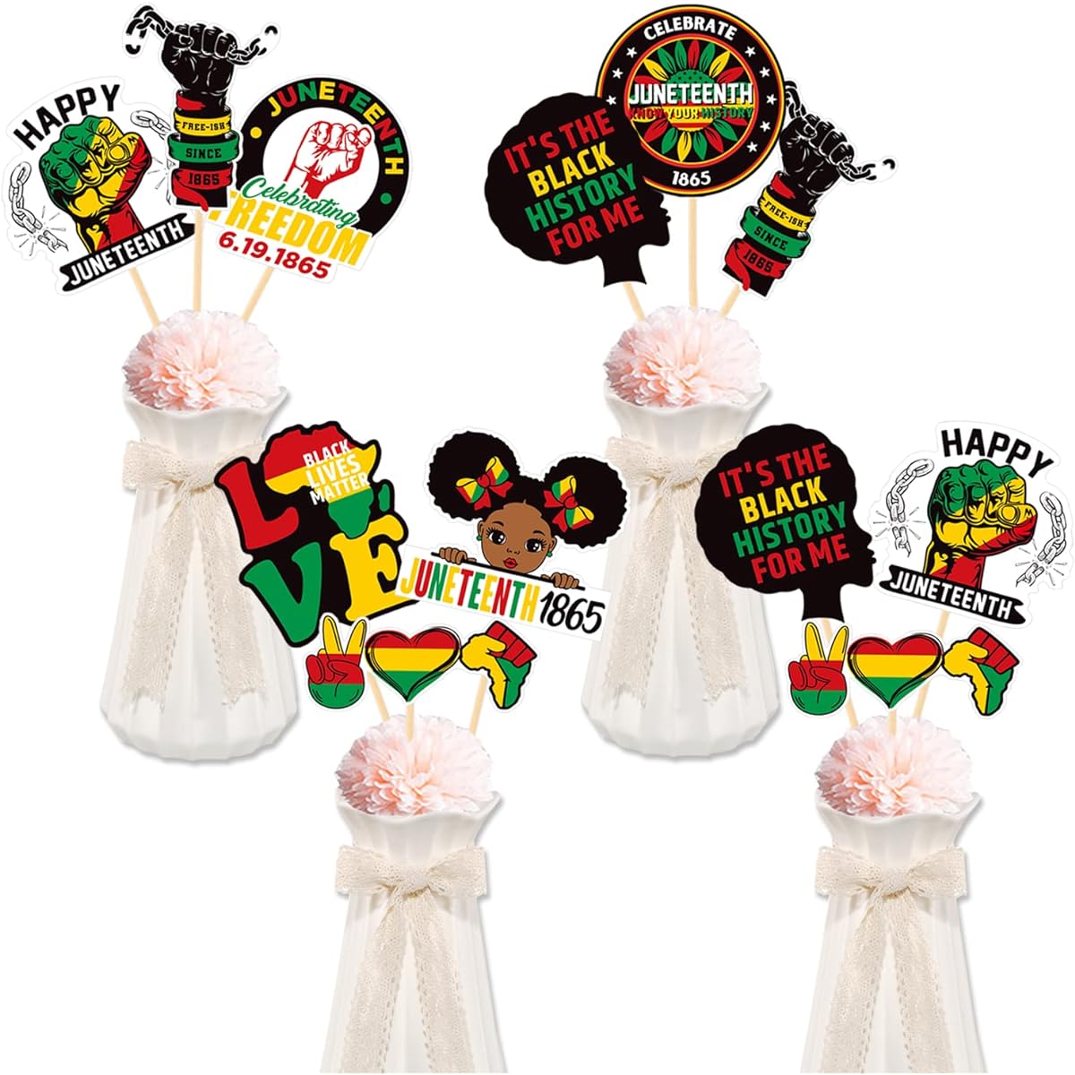 CAVLA 24 Pieces Happy Juneteenth Party Centerpiece Sticks Red Yellow Green African Afro-American 1865 Independence Day June 19th Freedom Day Celebration Party Decoration Supplies