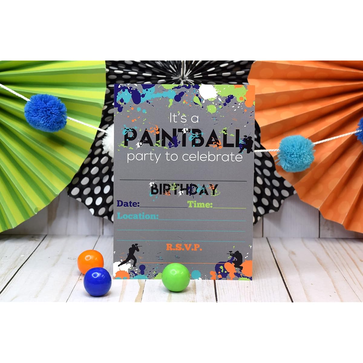 AmandaCreation Paintball Theme Birthday Party Invitations 5 x 7 Inch Cards with 20 White Envelopes