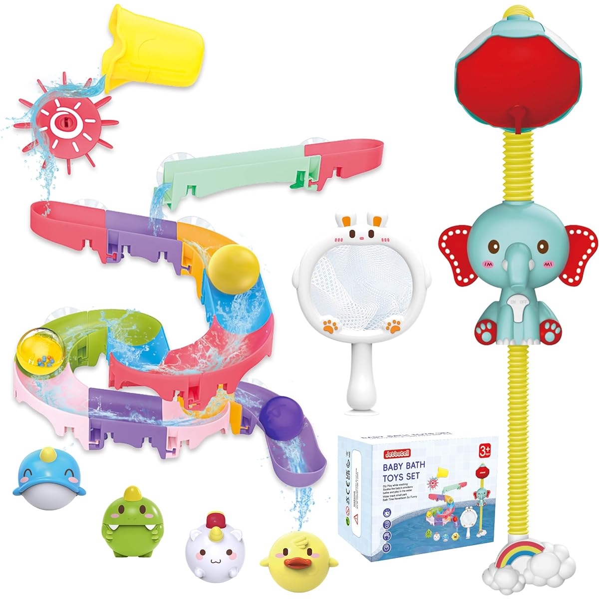Bath Toys for Toddlers Bathtub Toys for Kids Elephant Shower Spray Slide Track Toys for Kids Fishing Net Cute Animal Toys