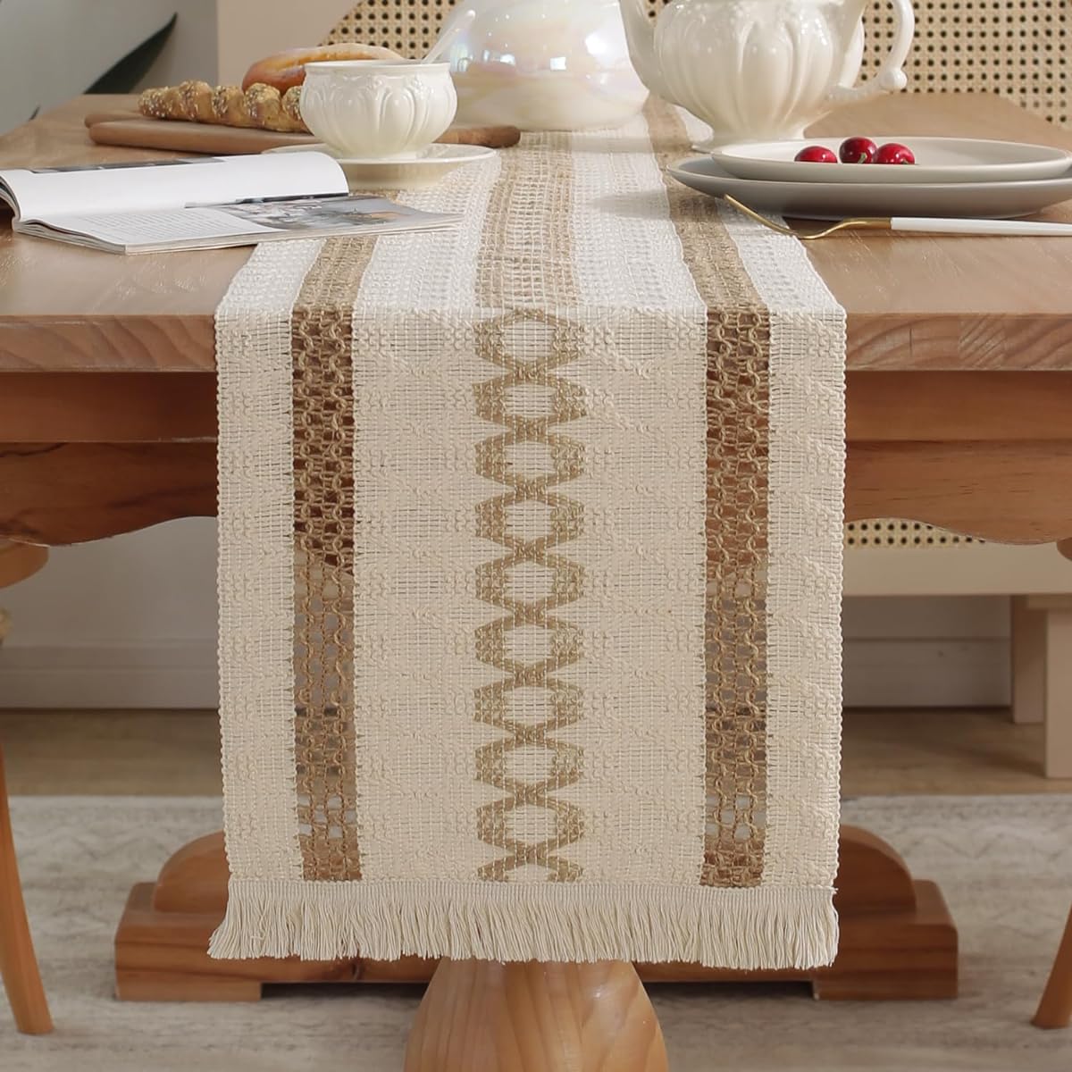 KINBOSD 94.5" Rustic Farmhouse Table Runner with Tassels Cotton Linen Table Decoration Holiday Party Farmhouse Table Runner for Wedding and Dining Decorations