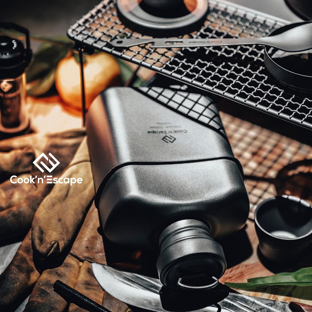 COOK'N'ESCAPE Titanium Canteen, 1 liter, lightweight, open fire, large capacity, wide opening, combination with rice bowl, kettle, hot water bottle, mountain climbing, camping, storage bag included [Eligible invoices will be issued]