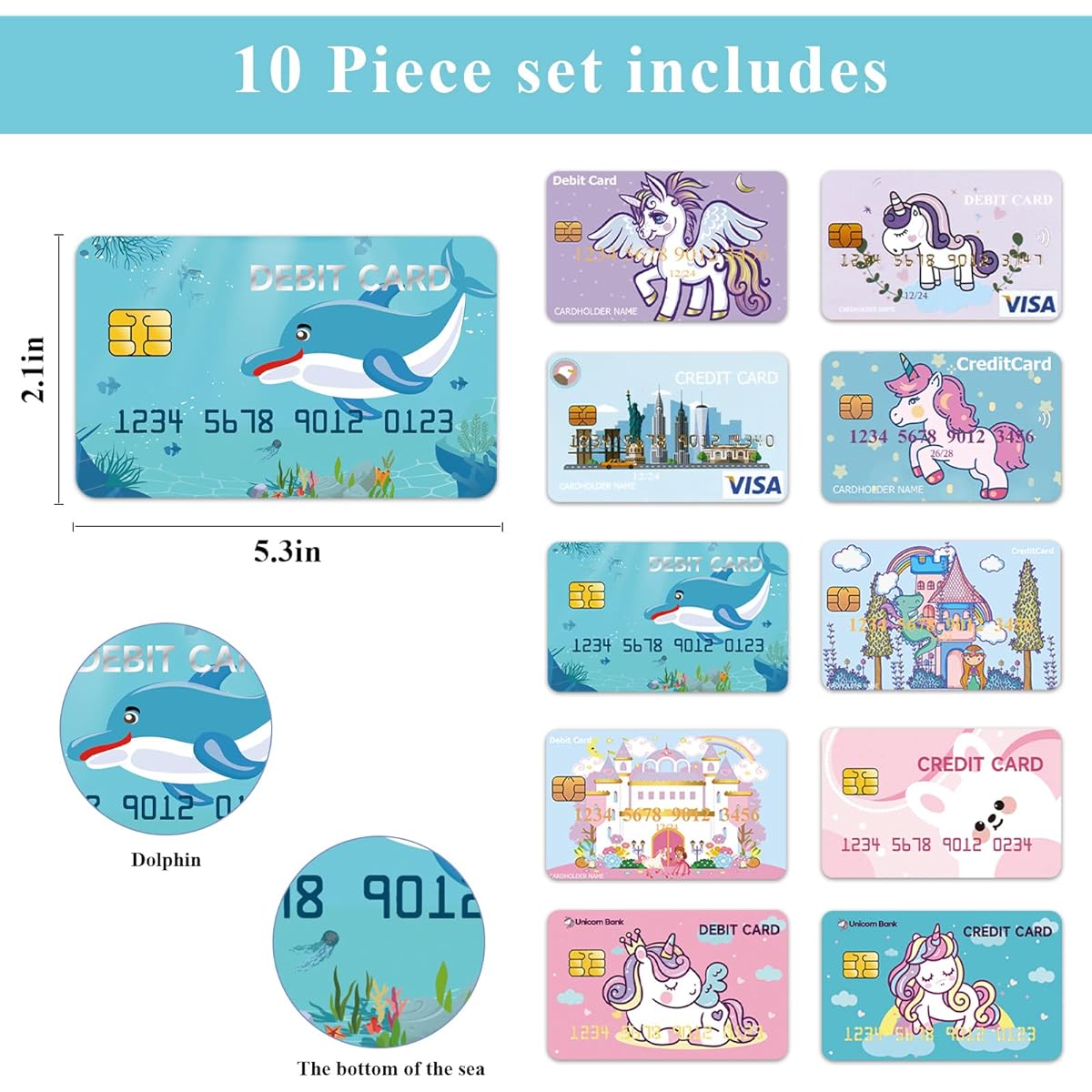 Fake Credit Cards for Kids, Play Credit Cards, Debit Credit Cards, 10 Fake Toy Cards for Girls and Boys