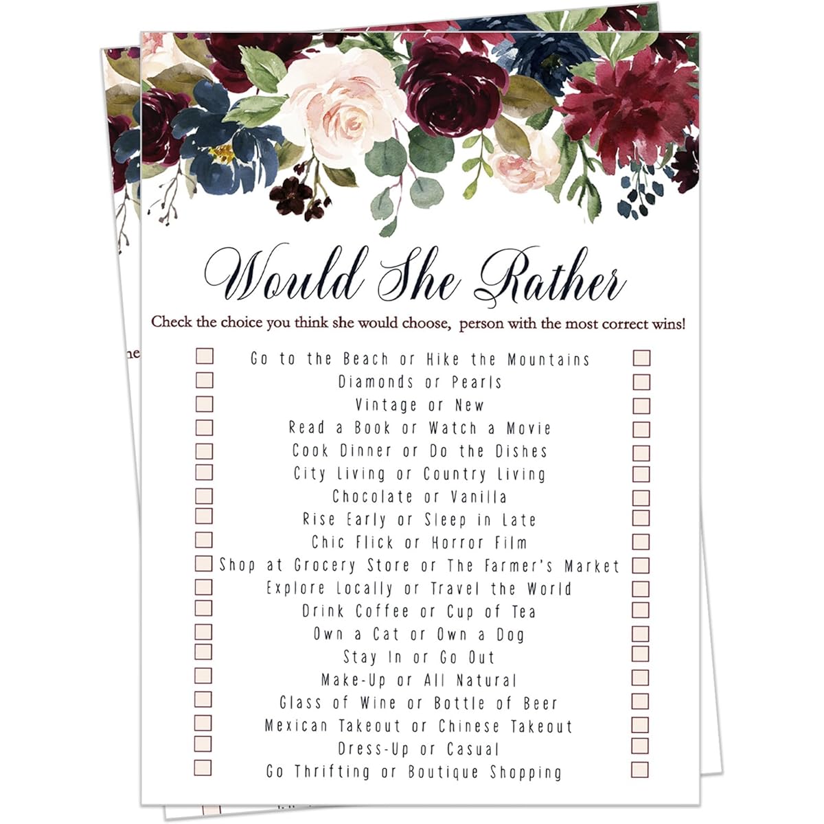 Indigo Floral Would She Rather Game (25 Pieces) Bridal Shower - Baby Shower Girl or Boy - Adult Birthday - Who Knows Mommy Best - Guessing Activity - Rustic Flower Party Supplies