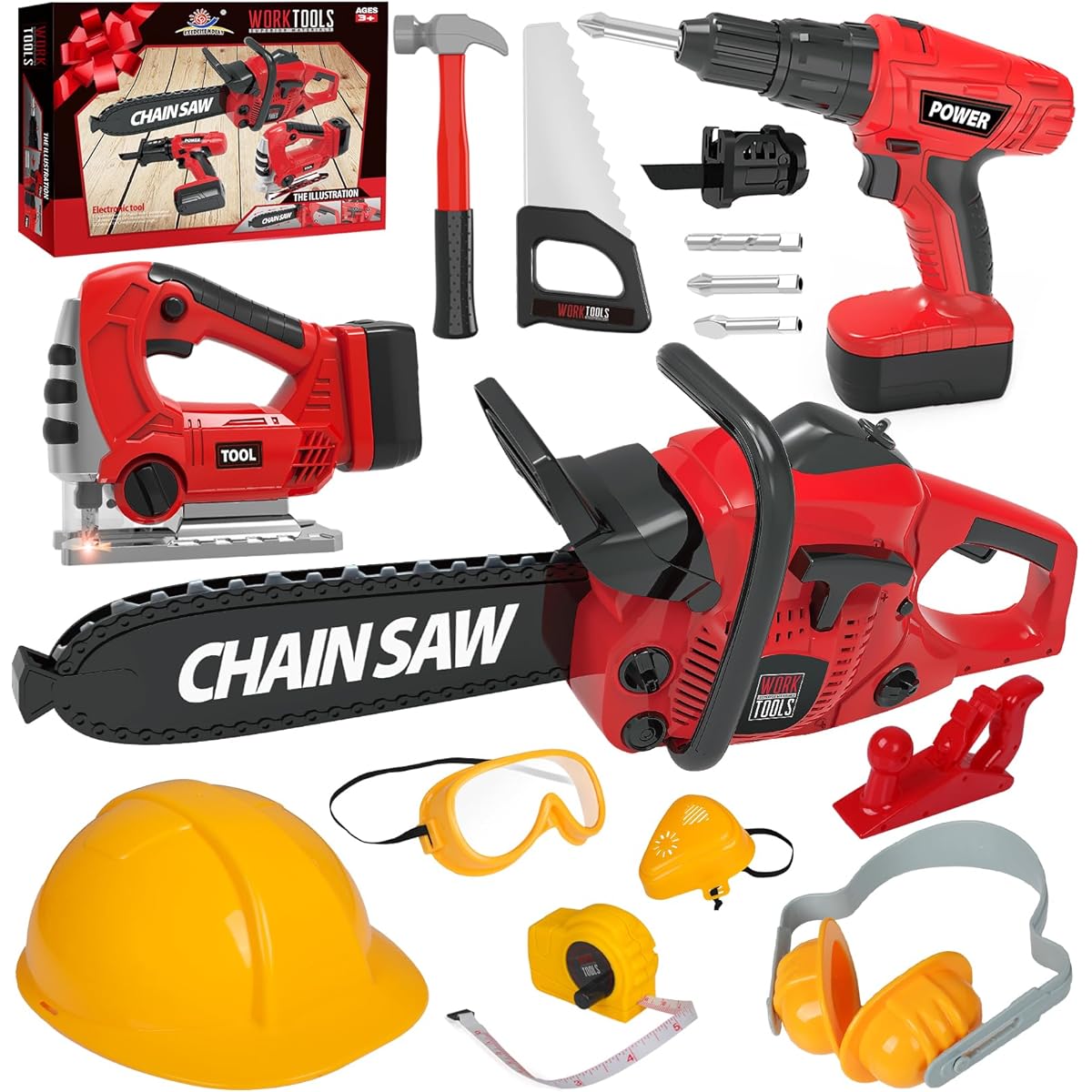 WishaLife Tool Set for Kids - Toddler Tool Set with Electric Toy Chainsaw, Toy Drill, Kids Construction Tool Set, Pretend Play Toys for Toddlers Boys Girls Ages 3 4 5 6 7 8 (Red)