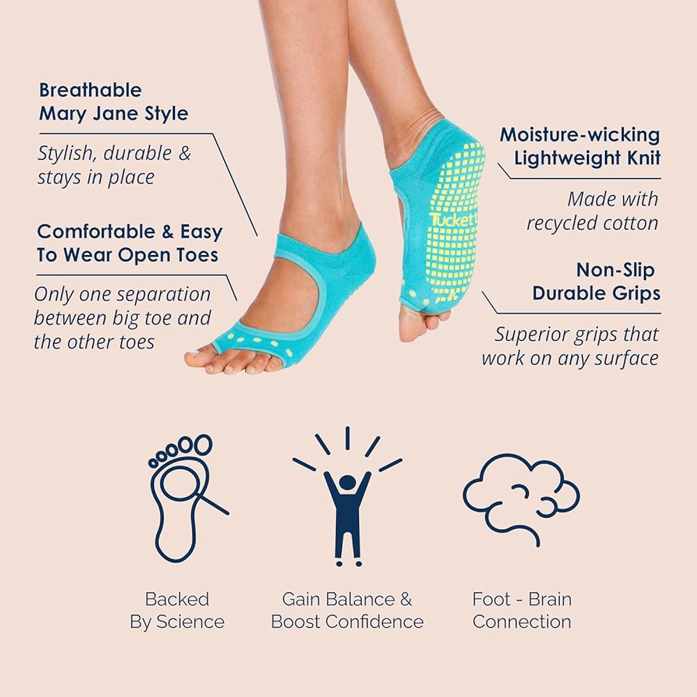 [Tucketts] Yoga Socks for Women, Anti-Slip, Toeless, Non-Slip Adhesive Grip Socks - One Size Fits Most for Pilates, Barre Lessons, Ballet (Allegro Style)