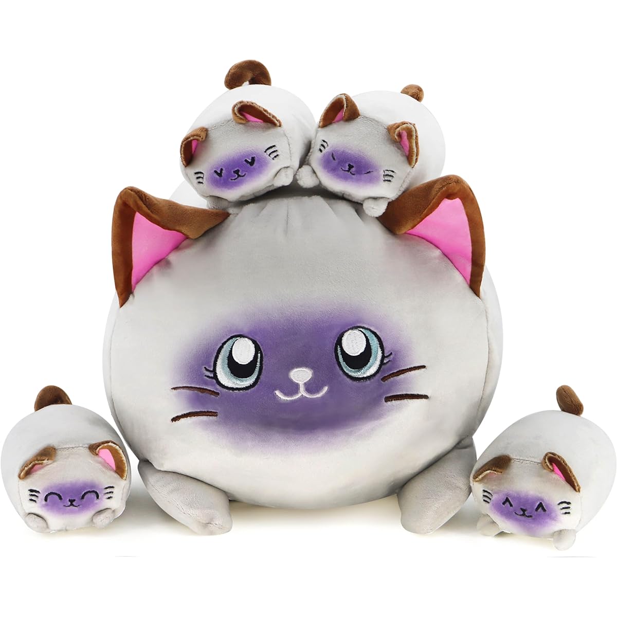 RANDGRITH Cute Siamese Mummy Plush Pillow with 4 Little Baby Siamese Cats Stuffed Animals Soft Fat Cat Chubby Stuffed Animal Gift for Kids (Siamese Cat)