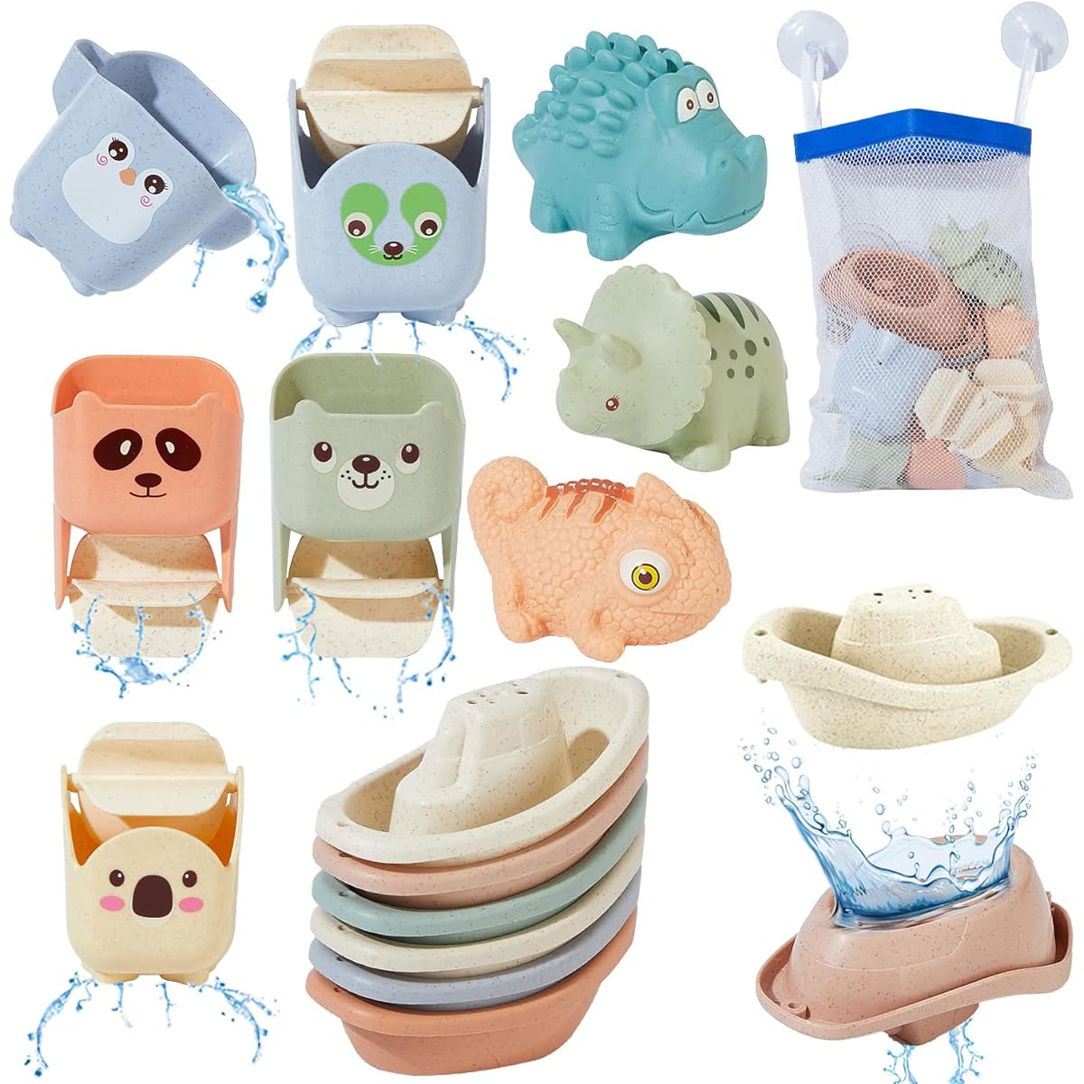Mold Free Bath Toys for Kids Ages 1-3 Aquarium Toys Floating Boat & Animal Bath Toys with Lovely Cups 14 Pieces Baby Bath Toys Gifts for Boys and Girls