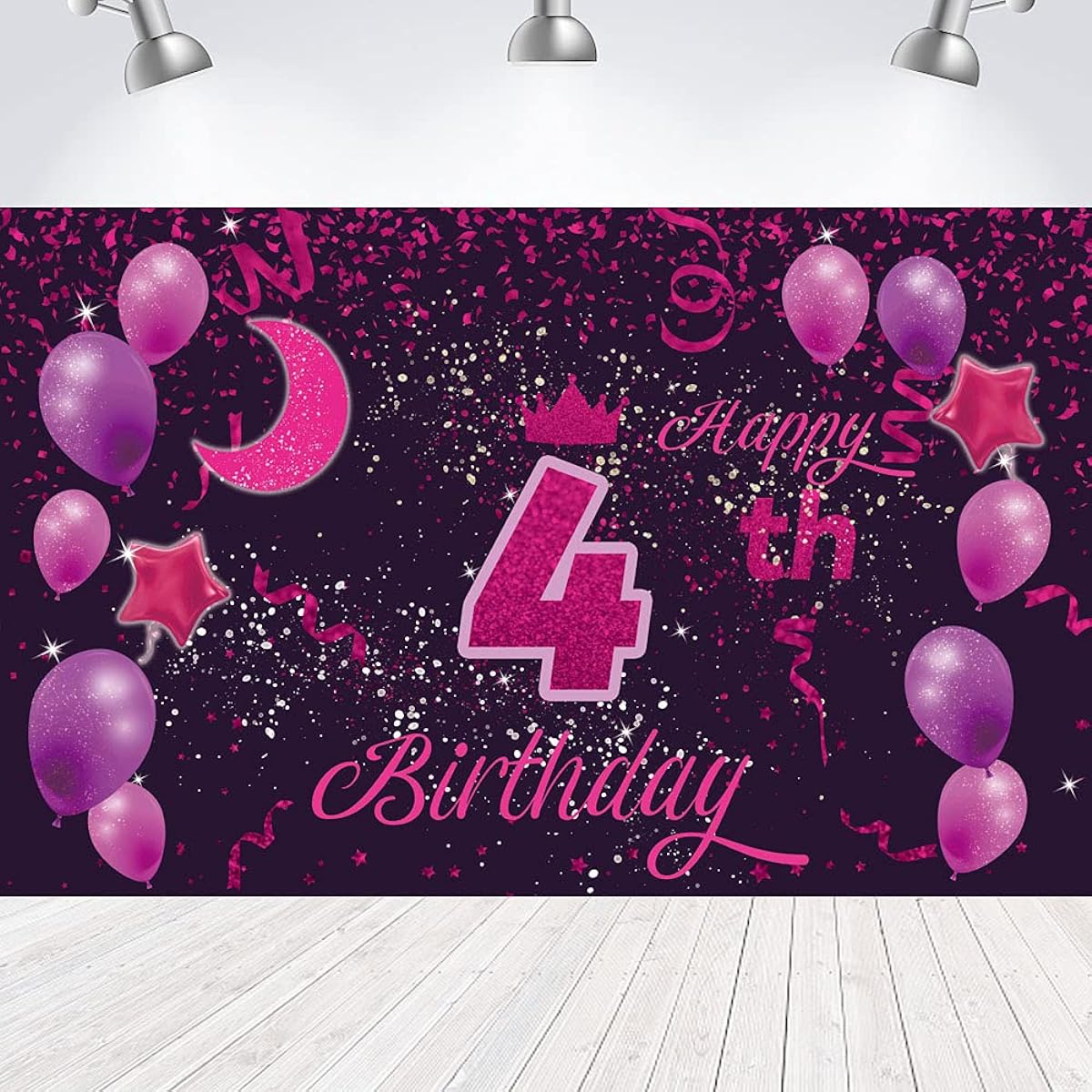Sweet Happy 4th Birthday Background Banner Poster 4th Birthday Party Decorations 4th Birthday Party Supplies 4th Year Photo Backdrop for Girls Boys Women Men - Pink Purple 72.8 x 43.3 inches