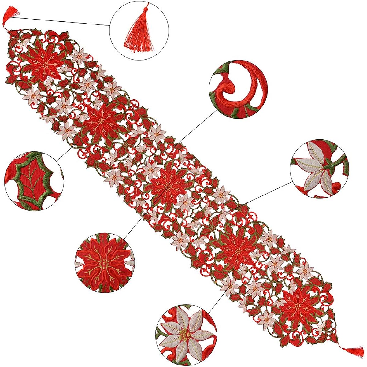Simhomsen Large Embroidered Christmas Holiday Poinsettia Table Runner 13 x 108 Inch