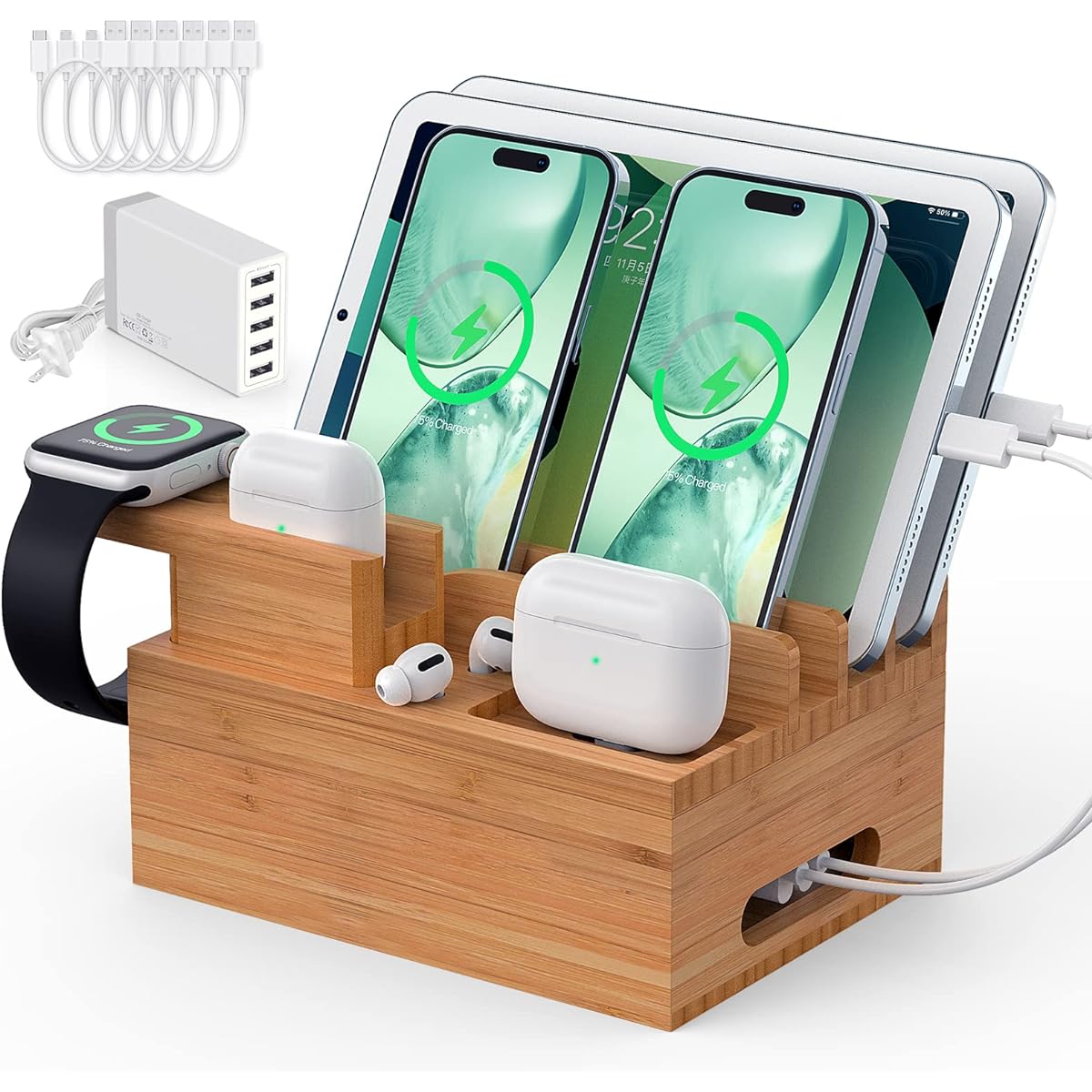 Bamboo Multifunctional Charging Station, Desk Bamboo Charging Stand, Docking Station Organizer, Compatible with Phones, Tablets, Watches, Earbuds (Includes 1 Watch and Earbuds Stand, 6 Cables, USB Charger)