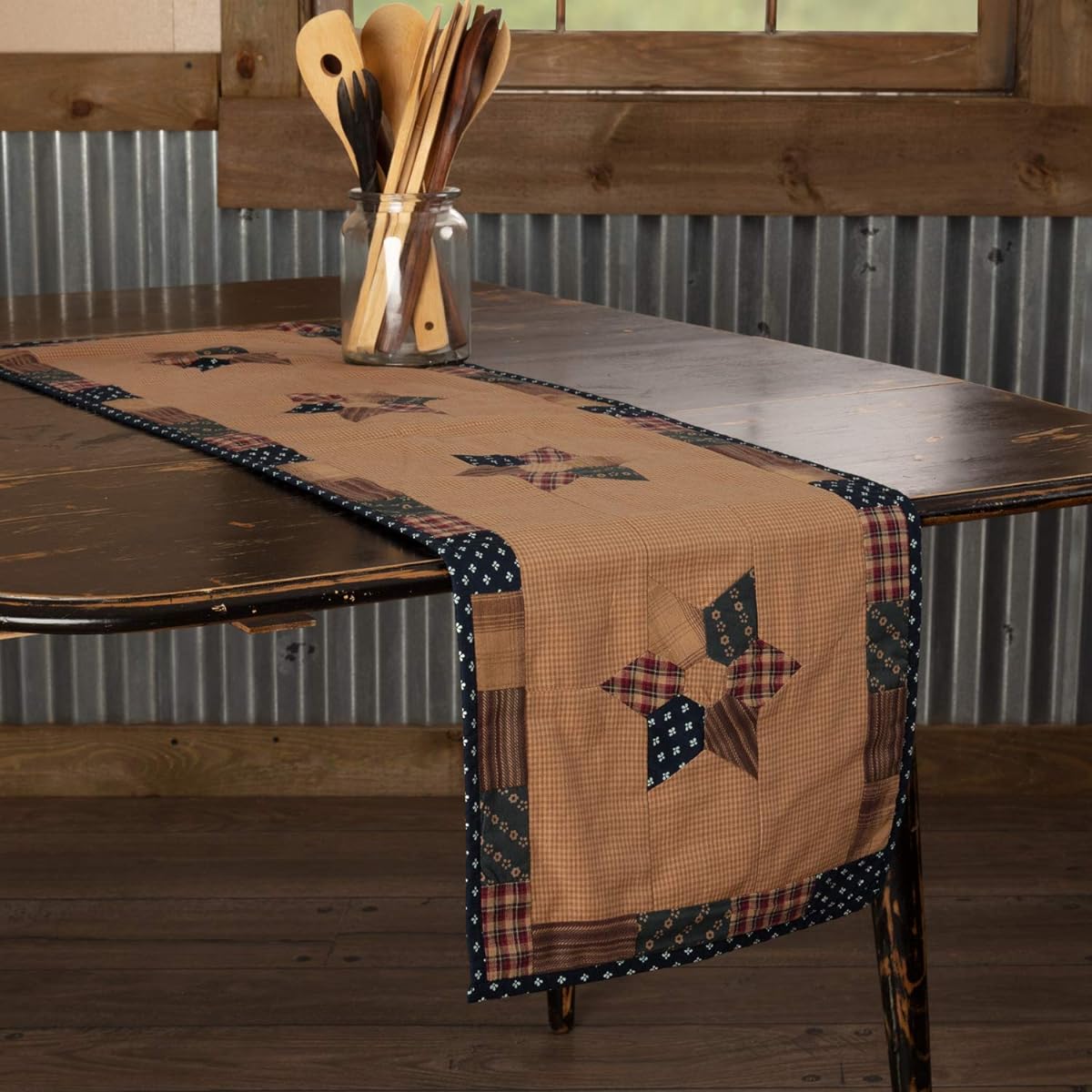VHC Brands Primitive Tabletop Kitchen Patriotic Patch Cotton Patchwork Star Rectangle 13x48 Runner, Deep Red