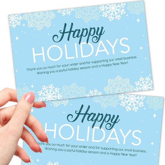 50 Extra Large Thank You for Your Order - 4x6 Inch Happy Holidays Bulk Package Inserts for Small Business Purchases During the Holiday, Christmas, and New Year Season Blue Snowflake Theme
