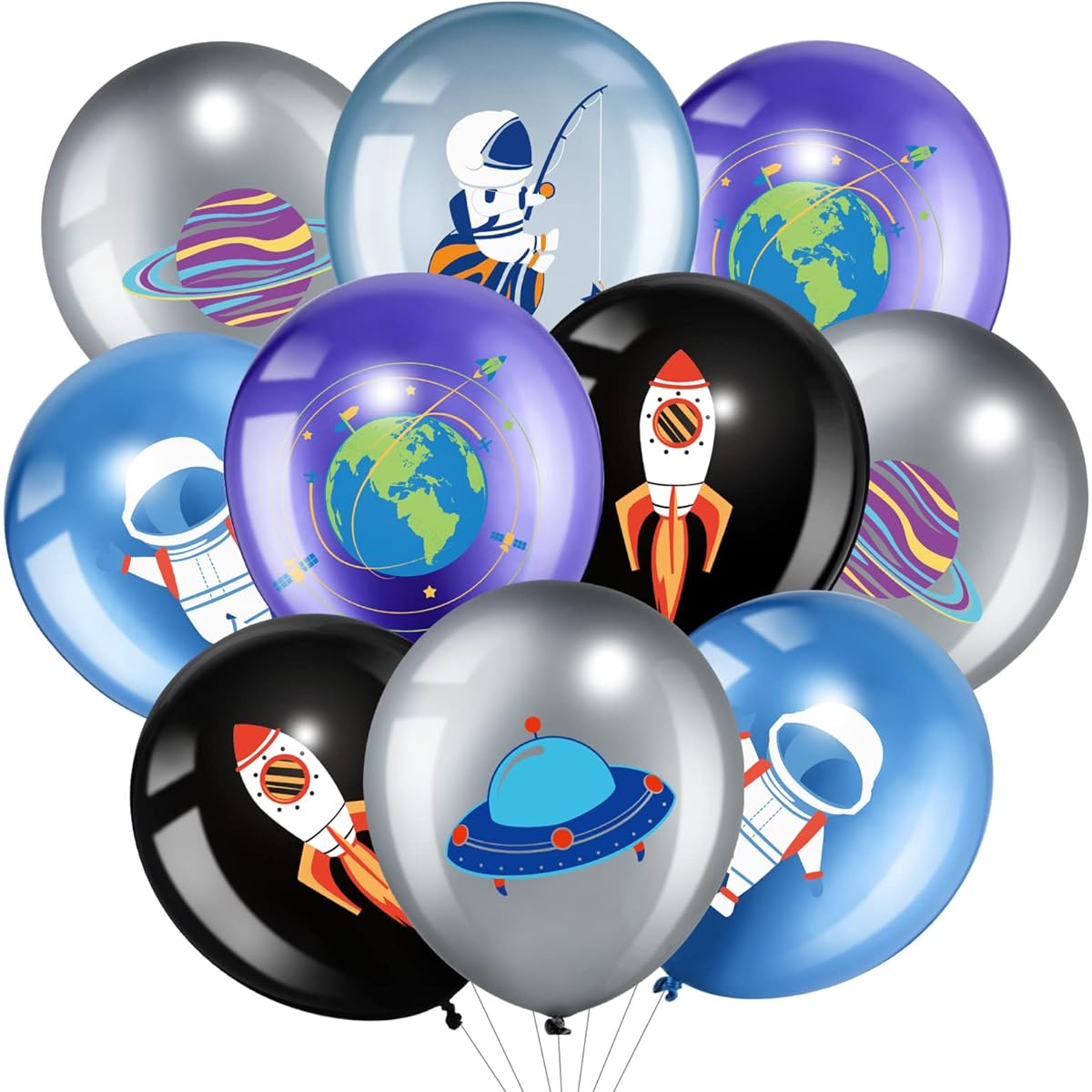 Space UFO Party Balloons, 48pcs 12inch Latex Galaxy Theme Party Balloons Metallic Rocket Astronaut Planet Balloons for Girls Boys Kids Outer Space Birthday Party Baby Shower Decoration Supplies