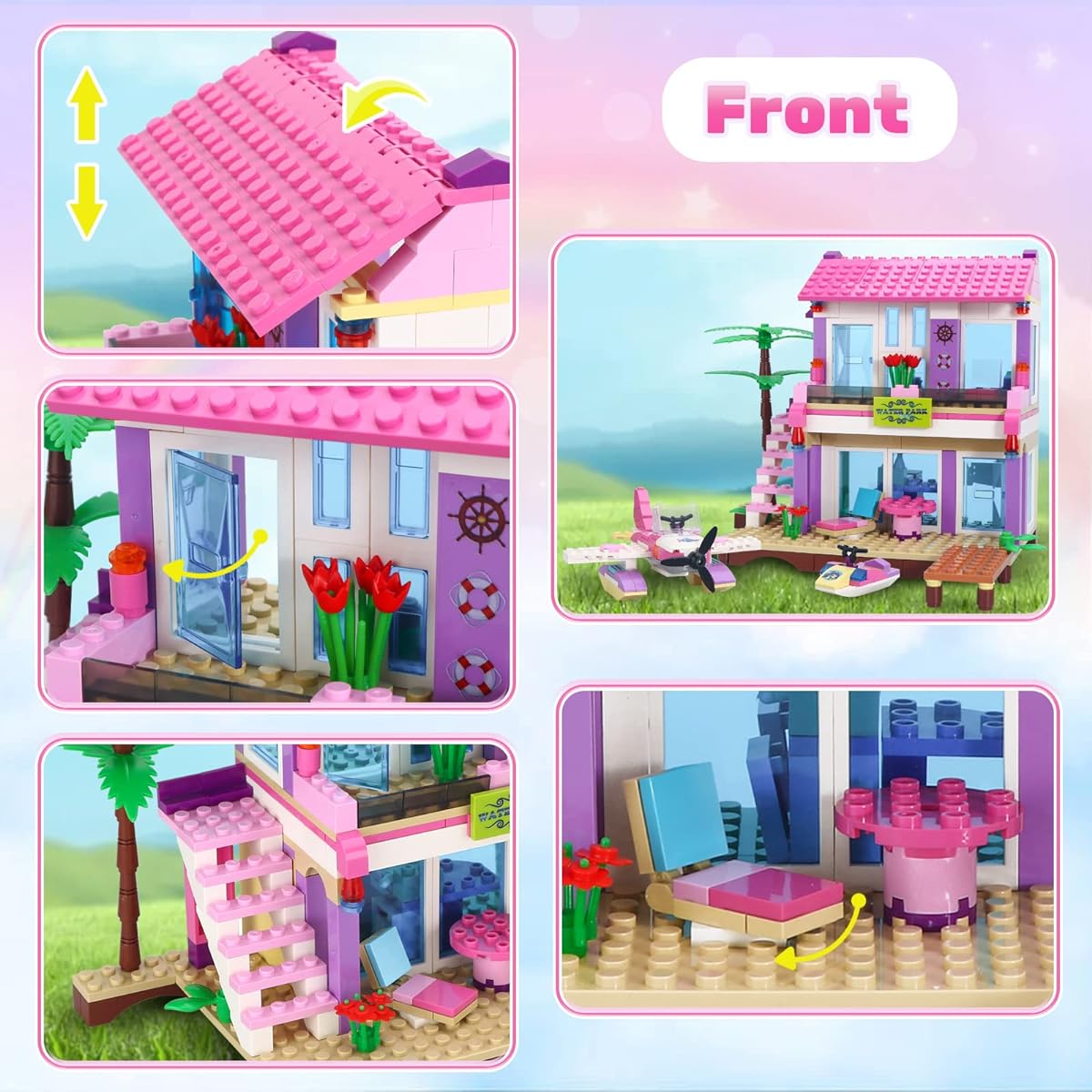 intWiWdela Dream Girls Beach House Building Blocks Toy Friends Seaside Building Set 423 Pieces Big Villa with Plane and Jet Ski Vacation Beach Hut Toy Set Ages 6-12