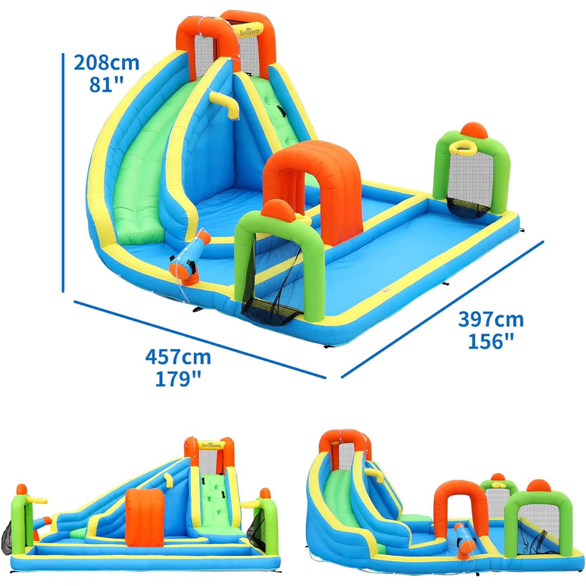 SunSports Inflatable Water Slide Park, Water Bounce House with Slide, Inflatable Water Slide for Kids, Bouncy Castle for Kids, Inflatable Water Park for Outdoor, Backyard for Kids with Tunnel