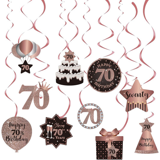 70th Birthday Party Hanging Swirls Stream Ceiling Decor Festive 70 Foil Hanging Swirls with Cutouts for 70th Rose Gold Birthday Party Decor Supplies