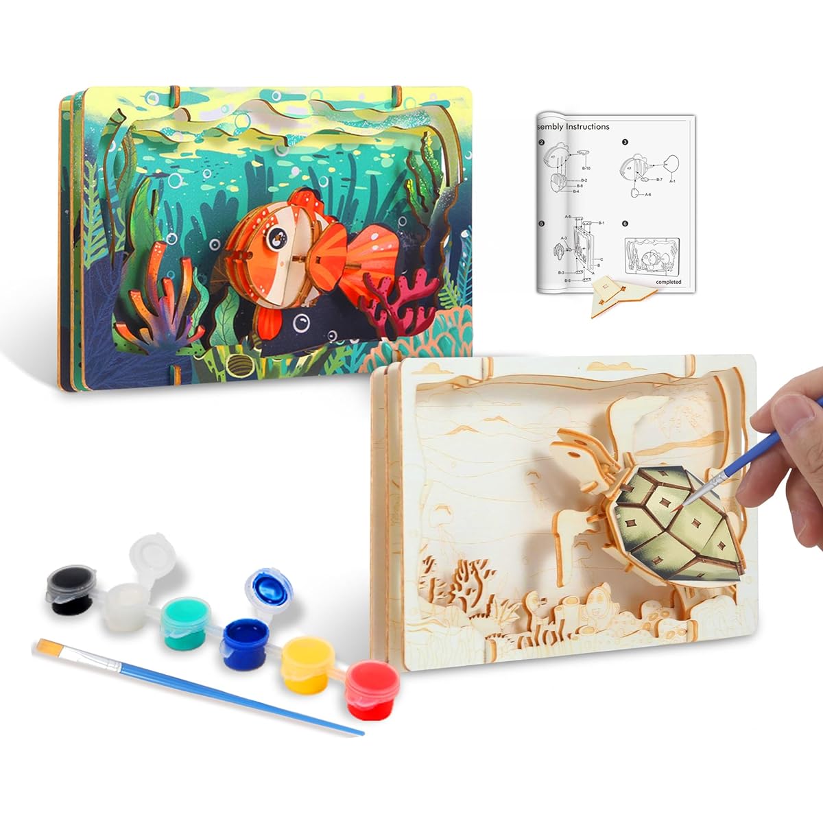 LukiWit Kids DIY Crafts Make & Paint Wooden Crafts - Sea Turtle Story with Background Fish Easy to Assemble Arts & Crafts Kit with Paint 3D STEM Models for Boys and Girls Ages 6 7 8 9 10 11 12, PZV107, Sea Animals