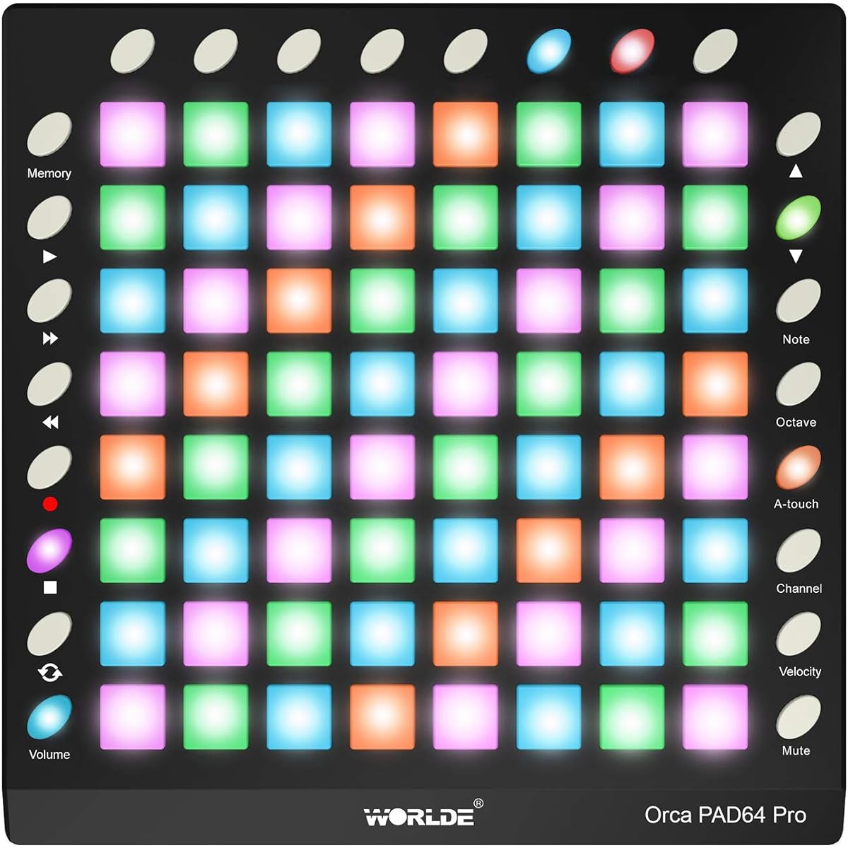 ORCA PAD64-A Pro Portable USB MIDI Drum Pad Controller 64 RGB Backlit Pads 24 Buttons 128MB Sound Module with USB Cable