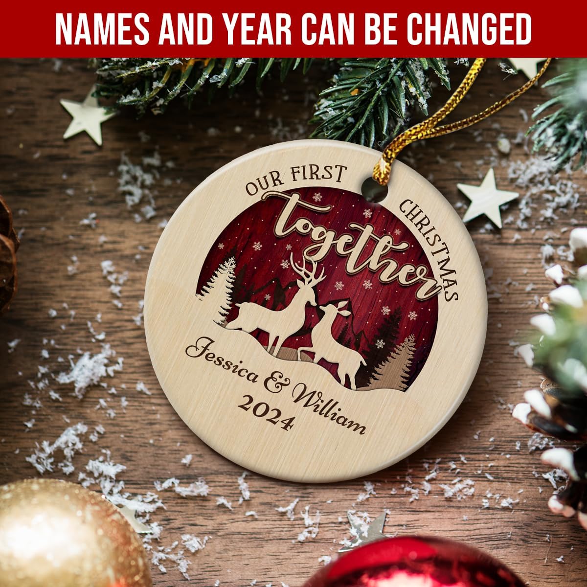 wowcugi Personalized First Christmas Ornament, Personalized Reindeer Couple Ceramic Ornament, Engagement Ornament, Wedding Keepsake Gift for Newlyweds, Christmas Tree Decoration