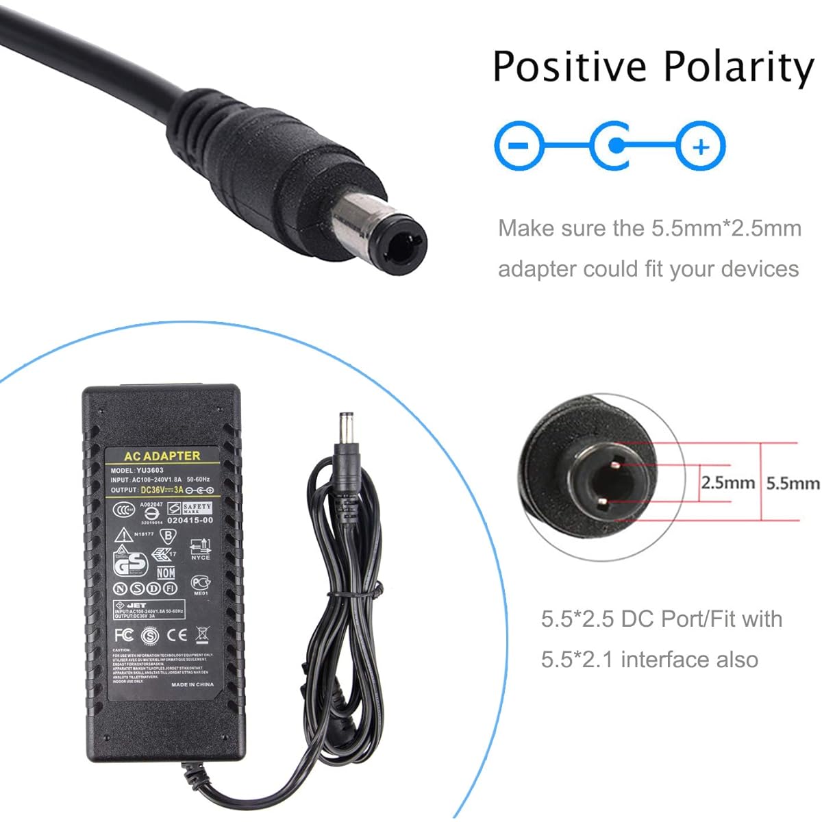 COOLM 36V 3A Power Supply - AC 100-240V to DC 36V Adapter 108W Transformer Interface 5.5x2.5mm 5.5 2.5 Replacement 2A AI Vega Light Security Equipment for LCD LED Light