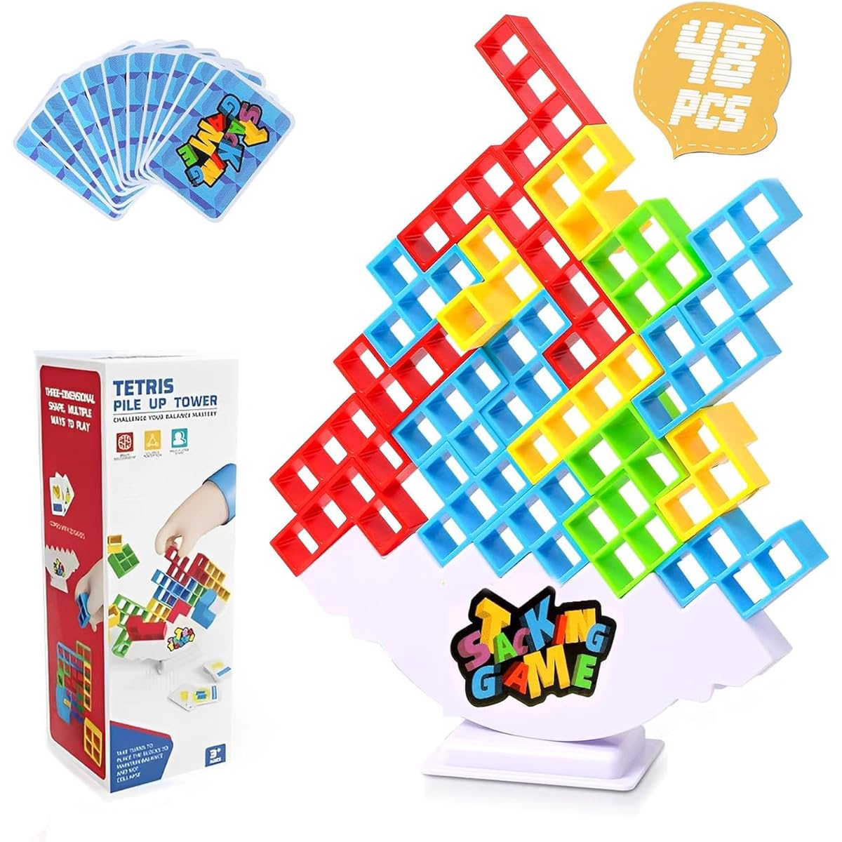 NORABORKEY 48 Pieces Tetra Tower Game Balance Stacking Blocks Game for Kids & Adults 2+ Players Stack Attack 3D Tetra Tower Game for Friends Classroom Family Game Night Party Team Building Game Toy