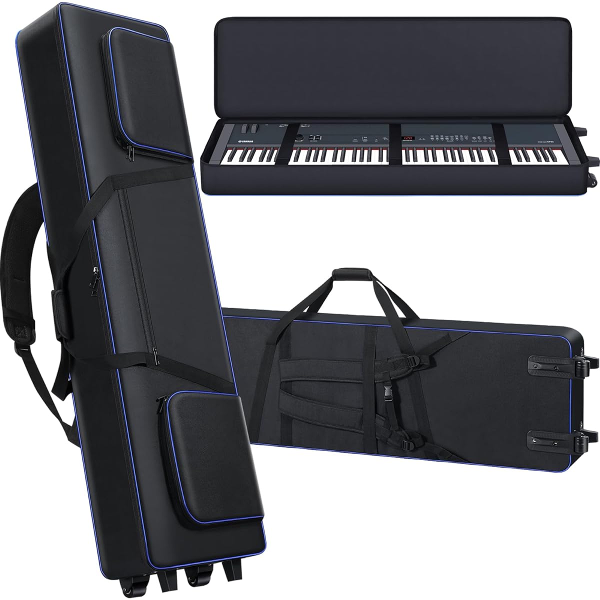 Key Keyboard Case with Casters (53" x 14.5" x 7") | 88 Key Keyboard Rolling Bag 3 Pockets | 88 Key Keyboard Roller Bag Soft Padded Case with Handle & Shoulder Strap for 88 Key Keyboard, Black///White , 53*14.5*7inches, 88 keys keyboard case with wheels.