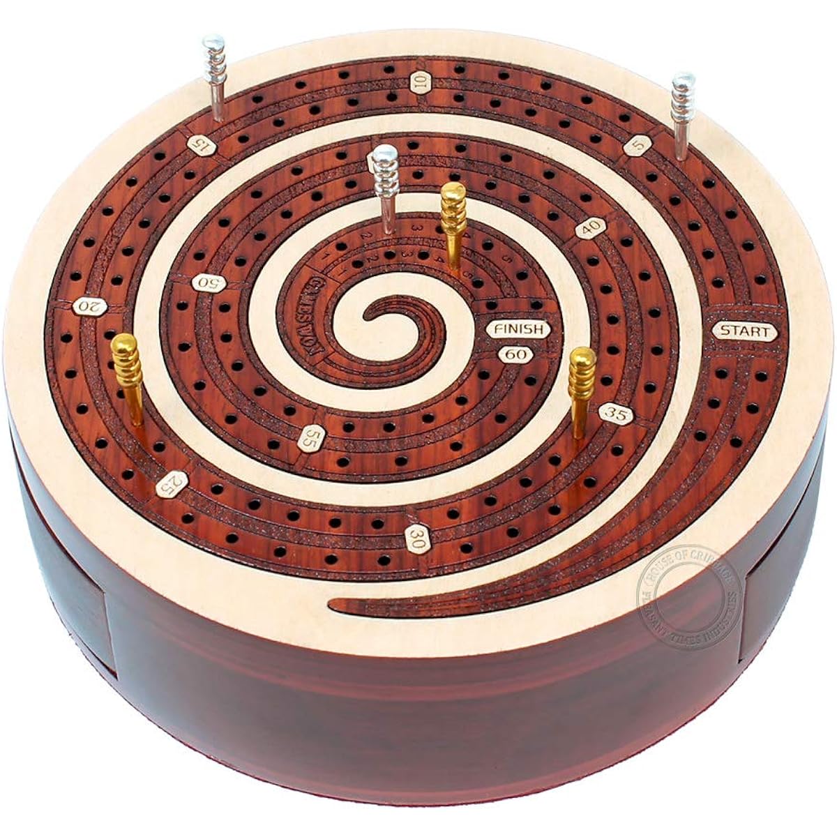 House of Cribbage - Spiral Shape 2 Track Non-Continuous Cribbage Board - Push Drawer Storage for Pegs with 1 Deck of Cards and Score Marking Field for Winning Games (Maplewood/Bloodwood)