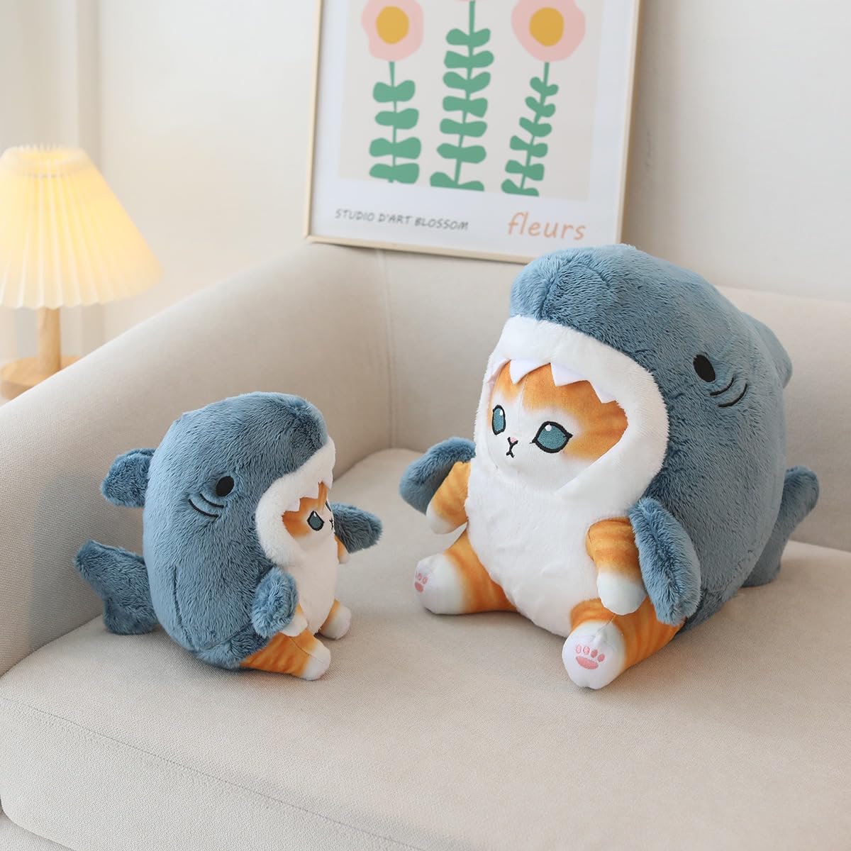 Shark Cat Plush Toy Cute Fried Shrimp Shark Stuffed Animal Doll Cute Shark Cat Plush Pillow Toy Birthday Kids Boys Girls (8 inch, Blue Yellow)