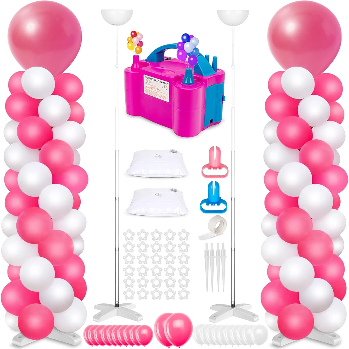 Toosci Balloon Column Stand and Balloon Pump 2 Sets with 102 Balloons Adjustable Metal 9ft Balloon Stand for Floor Balloon Column Kit for Baby Shower Wedding Graduation Birthday Party