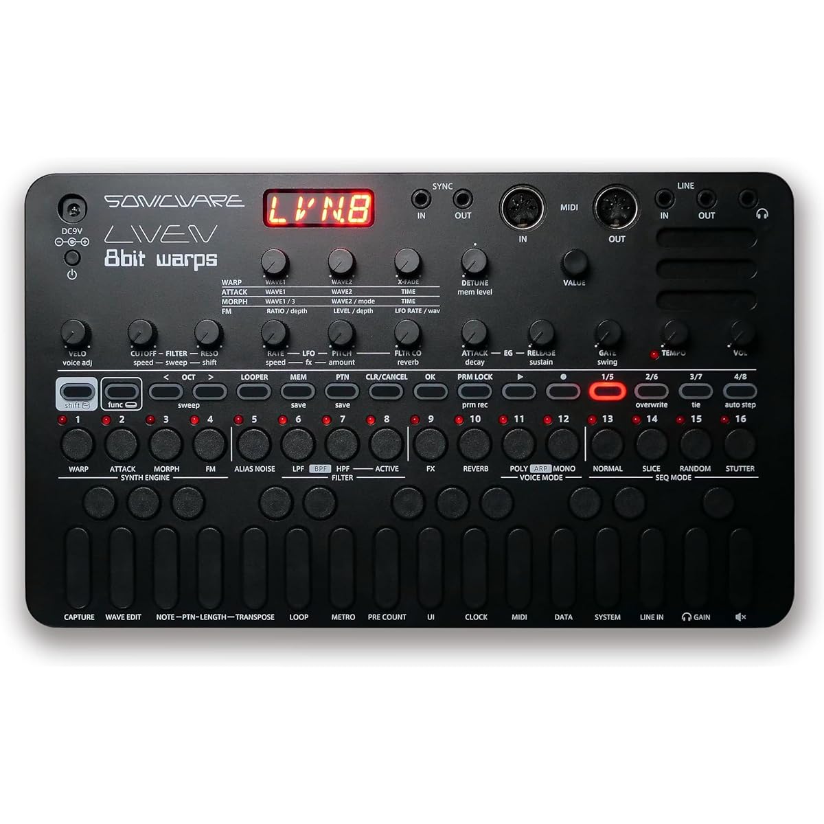 IVEN 8bit warps - All Black Limited Edition [8-bit synthesizer + looper] 8-bit waveform memory synth that can handle everything from chiptune to ambient, step sequencer + 4-track looper, 6 voices, 10 effects + 6 reverbs, battery powered, built-in speaker