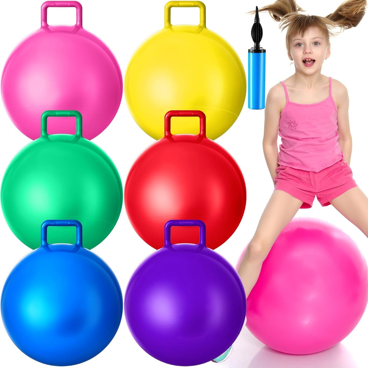Lewtemi Hopper Ball Jumping Hopping Ball Bouncing Ball with Handle and Air Pump for Outdoor/Sports/School/Games/Exercise 6 Pieces (20 Inch)