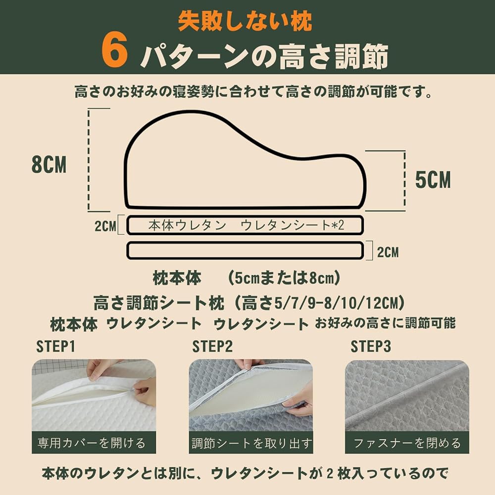 Sleepeach Pillow, Memory Foam Pillow, Memory Foam Pillow [6-level height adjustment function allows you to adjust the height without failure, pillow, just fit, cover is washable (gray)