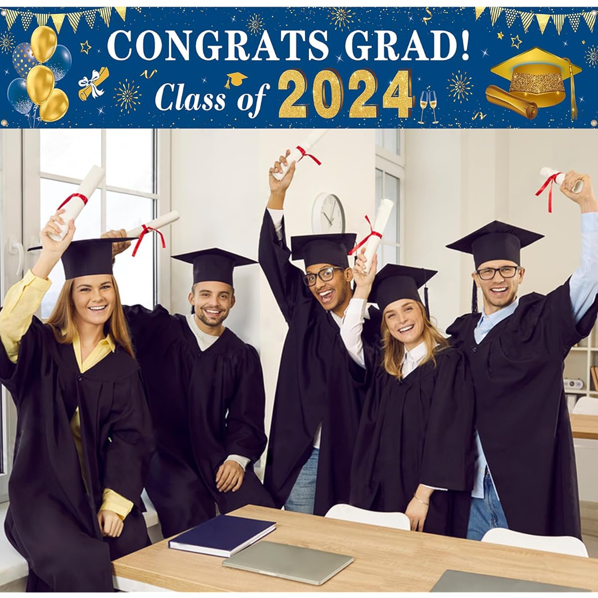 Class of 2023 Decorations Congrats Grad Class of 2023 Banner - Blue and Gold Graduation Yard Sign Backdrop Hanging Decorations for Indoor Outdoor 2023 Graduation Party Supplies