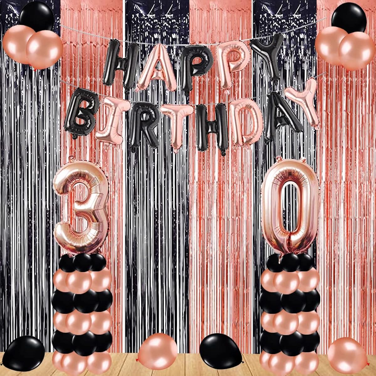 Birthday Decorations Rose Gold Black Foil Fringe Curtains, Photo Backdrop Party Supplies Birthday Graduation Wedding Bachelorette Party Decorations (3 Pack)