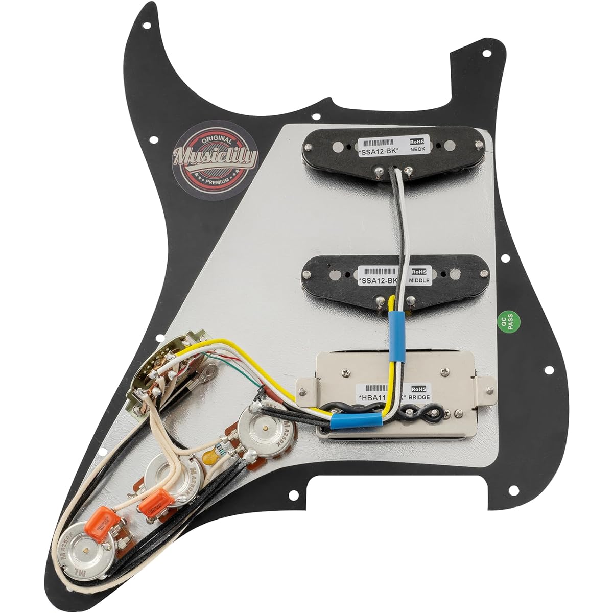 Musiclily Pro SSH Strat Prewired Pickguard with Artec Alnico 5 Pickup for ST Stratocaster Electric Guitar, Black 3P