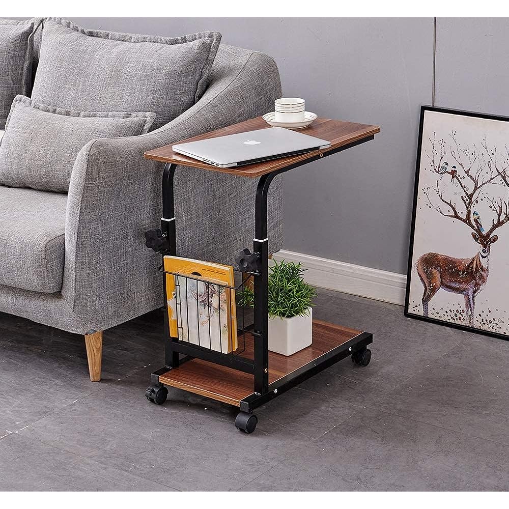 NeatClean Side Table, Liftable, U-shaped Design, Movable Desk, Desk with Casters, Storage Shelf Included, Night Table, Easy to Remove Stains (Black)