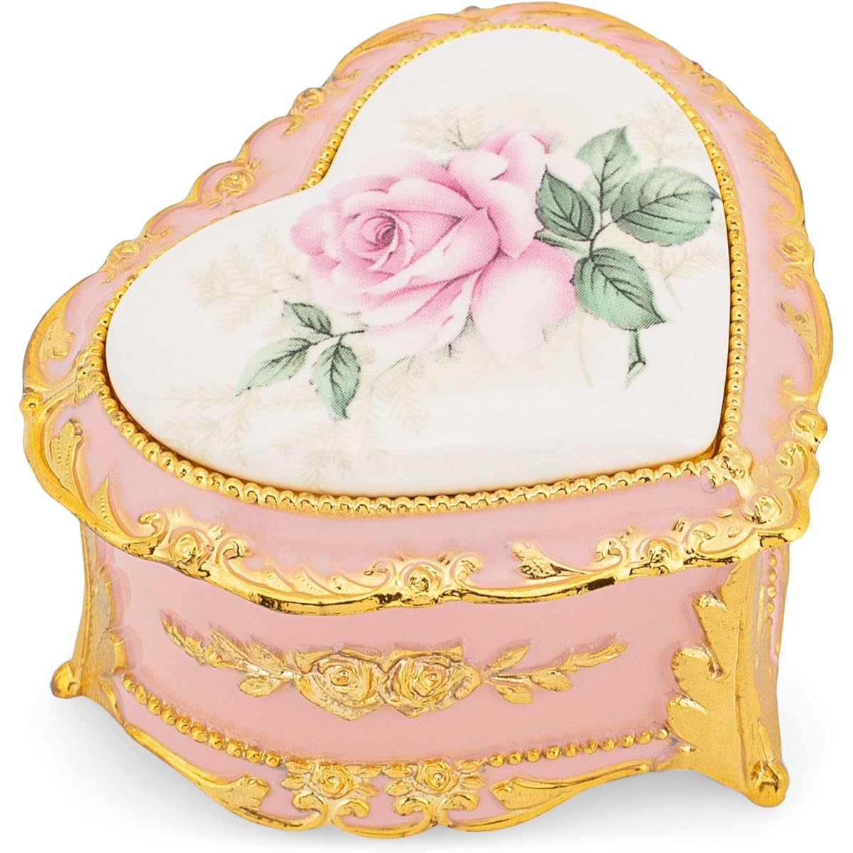 Floral pink with gold accents heart metal jewelry music box plays Fur Elise.