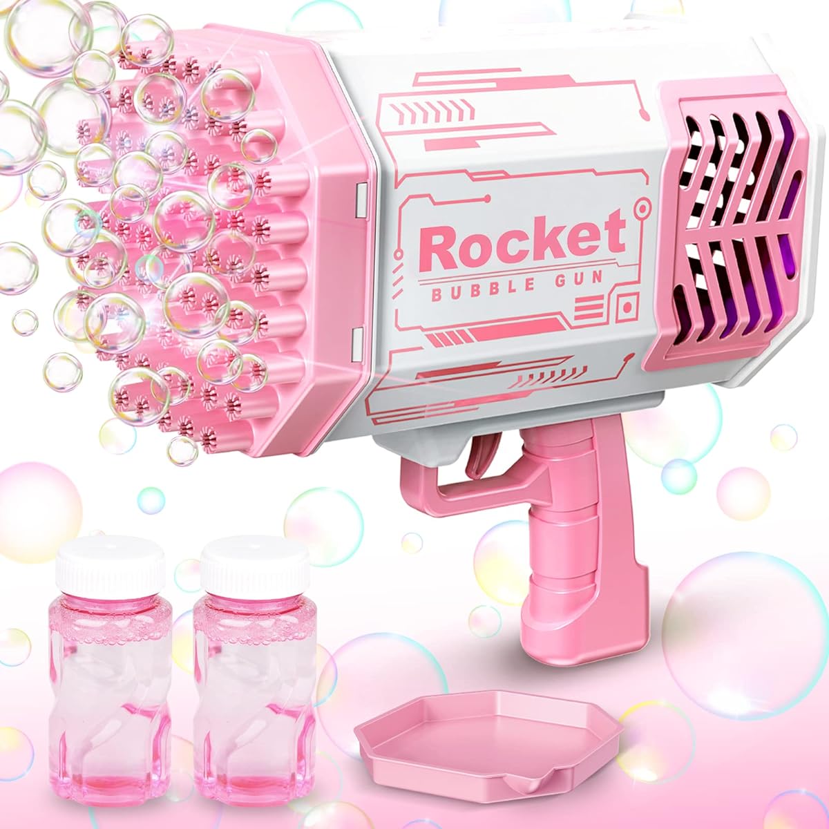 Rocket Bubble Gun Bubble Machine 69 Holes Bubble Machine Gun with Light and Bubble Solution Bubble Machine Blaster for Kids Adults Birthday Wedding Party - Pink Bubble Blower
