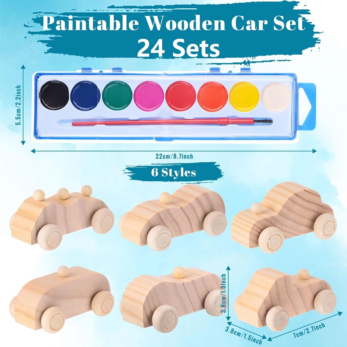 Leitee 24 Sets Unfinished Paintable Wooden Cars DIY Toys with Watercolor Paints Wooden Toys Cars Woodworking School Family Arts Home Crafts Party Favors Activities