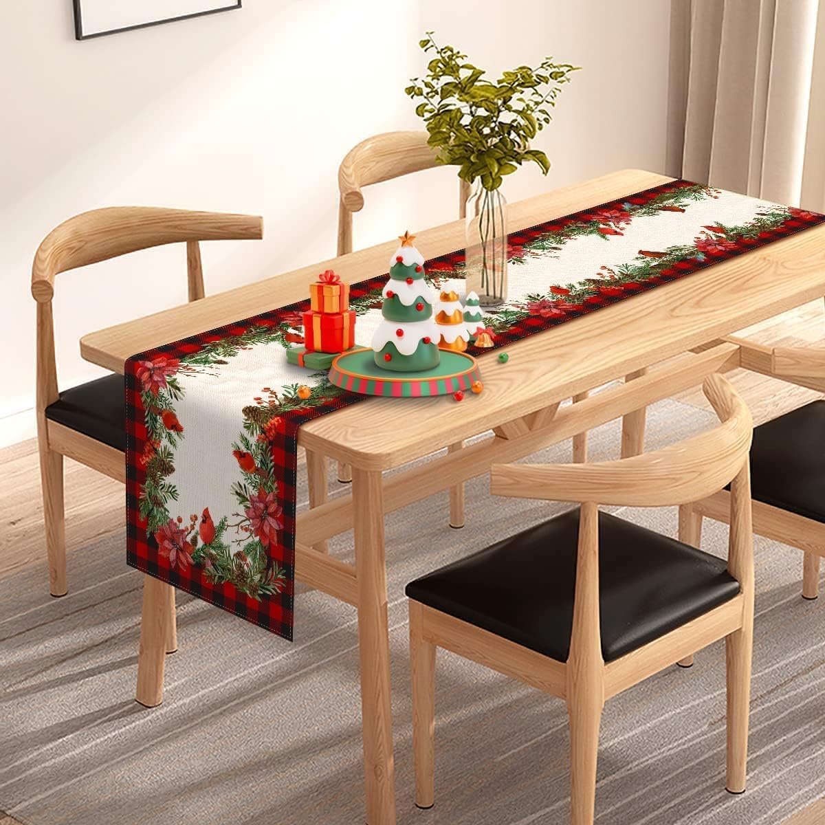 Christmas Cardinal Table Runner Buffalo Checkered Poinsettia Holly Christmas Winter Holiday Kitchen Dining Home Decoration (13" x 108")