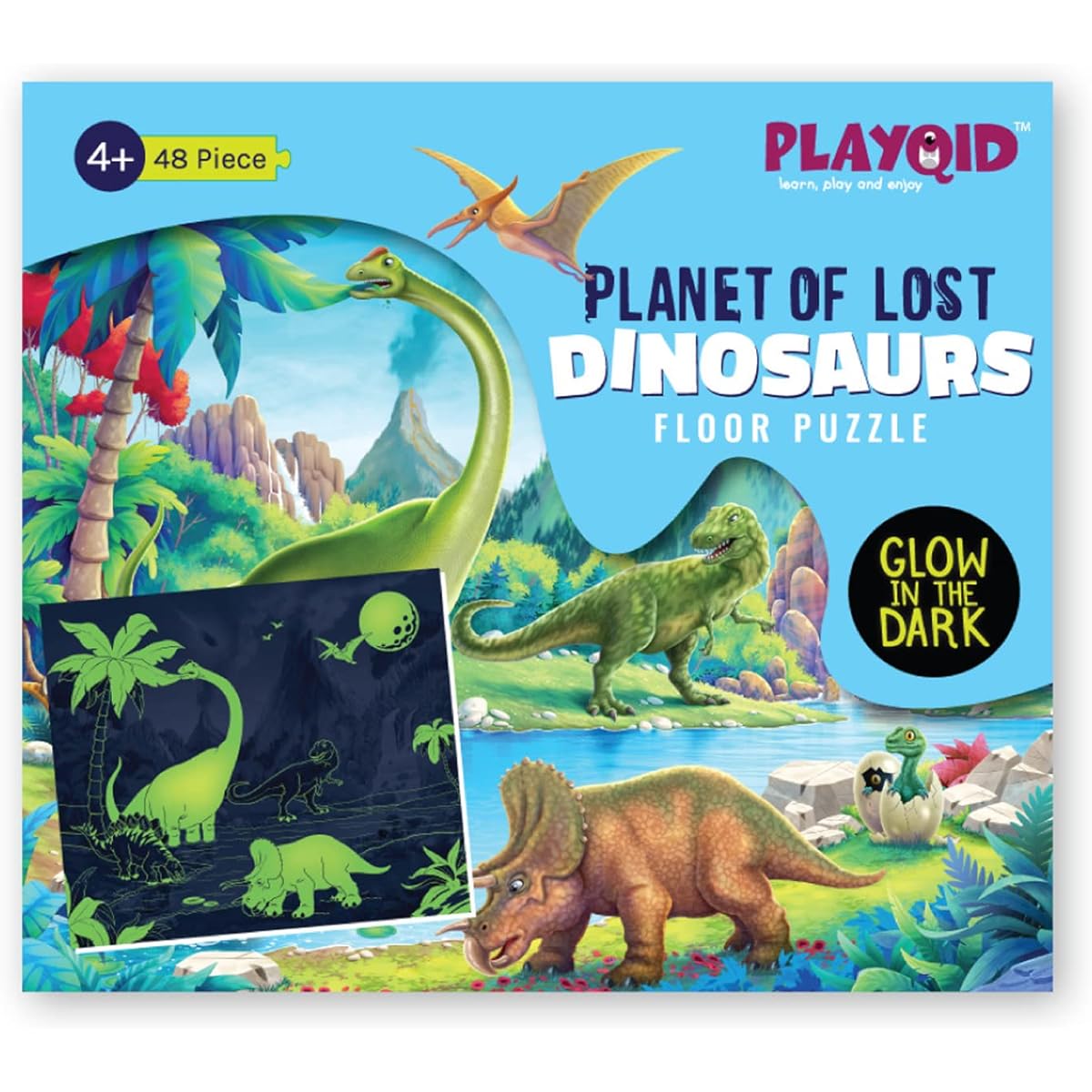 PLAYQID Lost Dinosaur Planet Glow in the Dark Jigsaw Floor Puzzle for Kids Ages 48+ 35 x 30 cm Multi